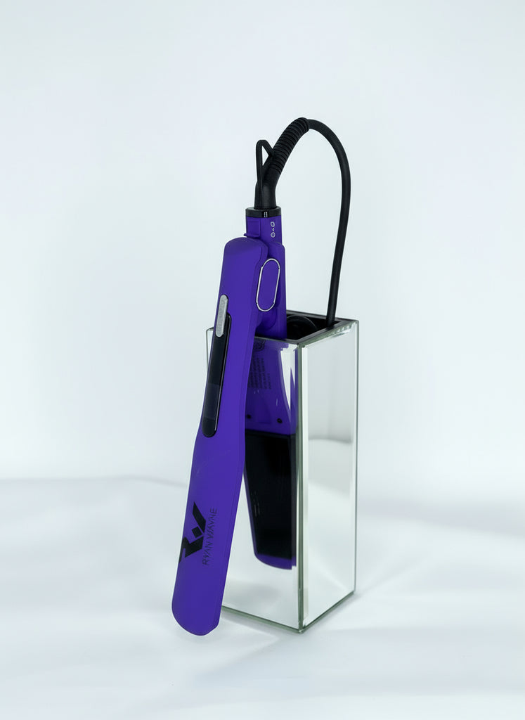 Purple hair straightener with black accents on a white background