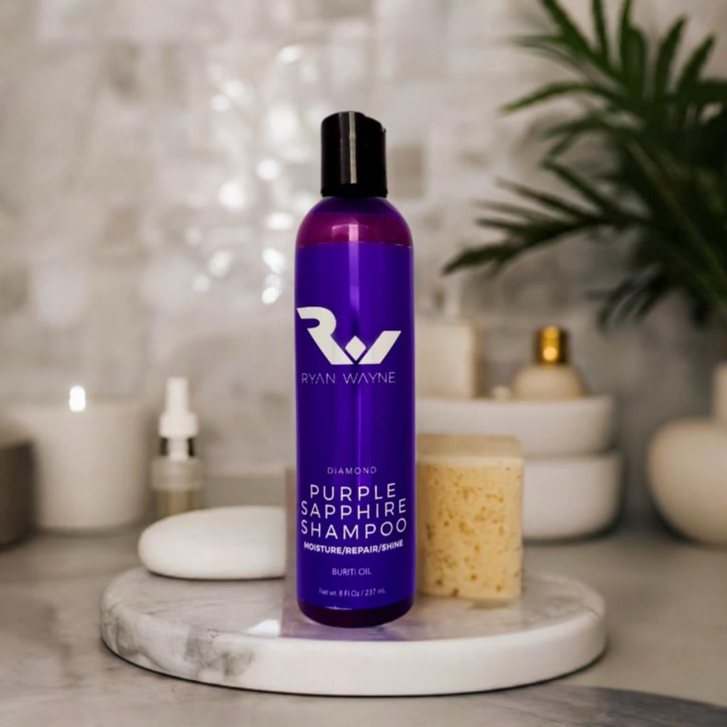 Ryan Wayne Diamond Purple Sapphire Shampoo in a luxury bathroom setting