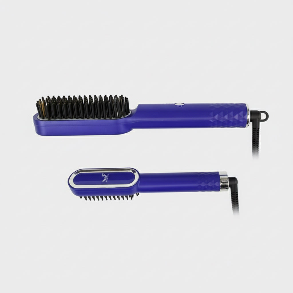Blue and white hairbrush with bristle head on a white background