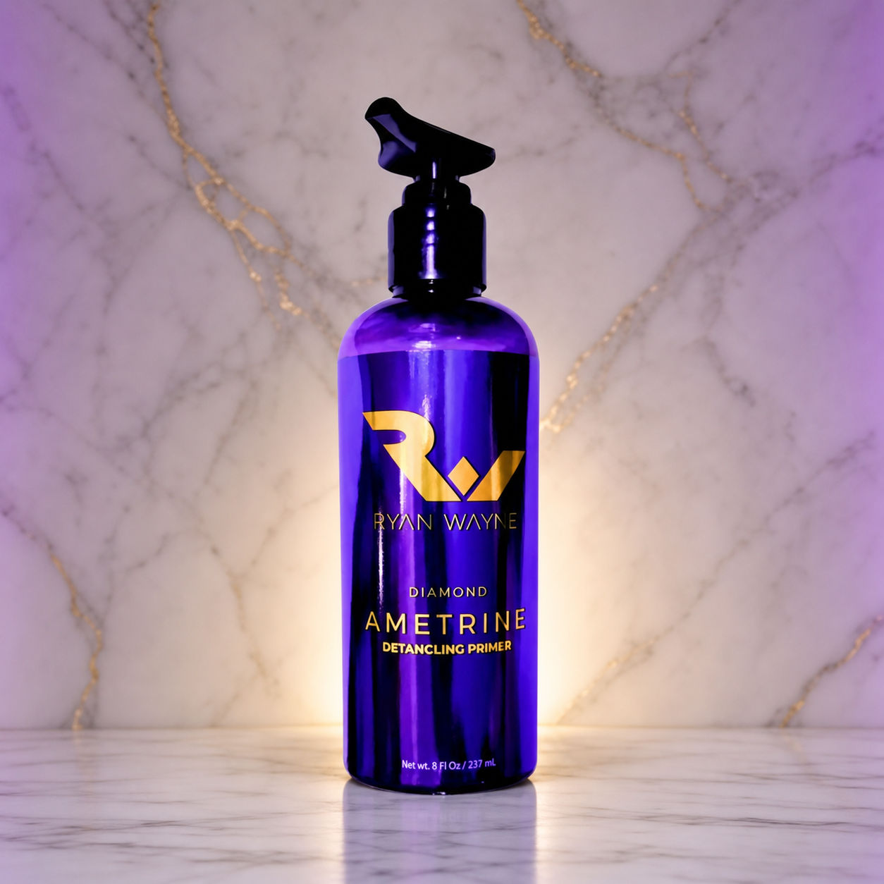 Ryan Wayne Diamond Ametrine Detangling Lotion on white marble with plum lighting