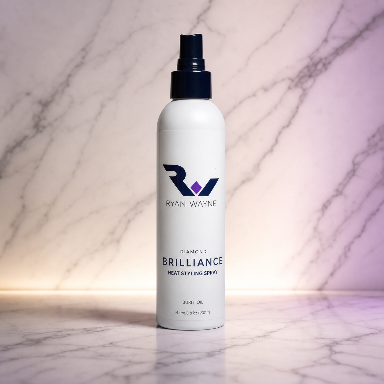 Ryan Wayne Diamond Brilliance Heat Shielding Styling Spray on white marble with plum lighting