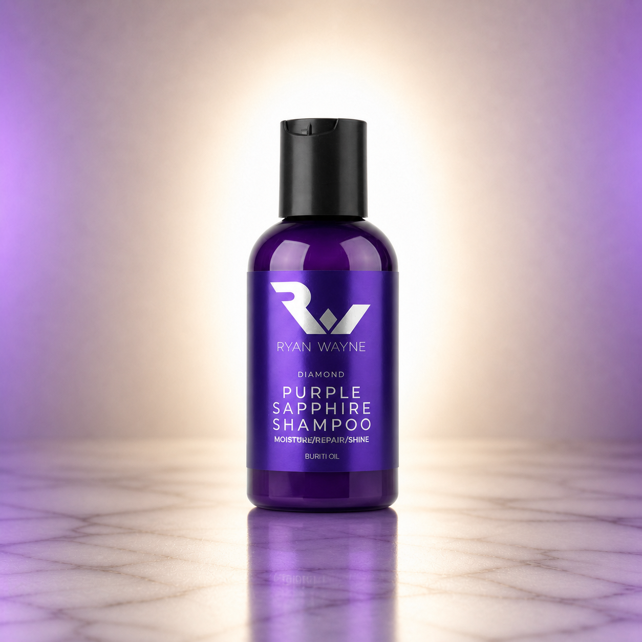 Ryan Wayne Diamond Purple Sapphire Restorative Shampoo travel size on an ivory marble background with soft purple lighting