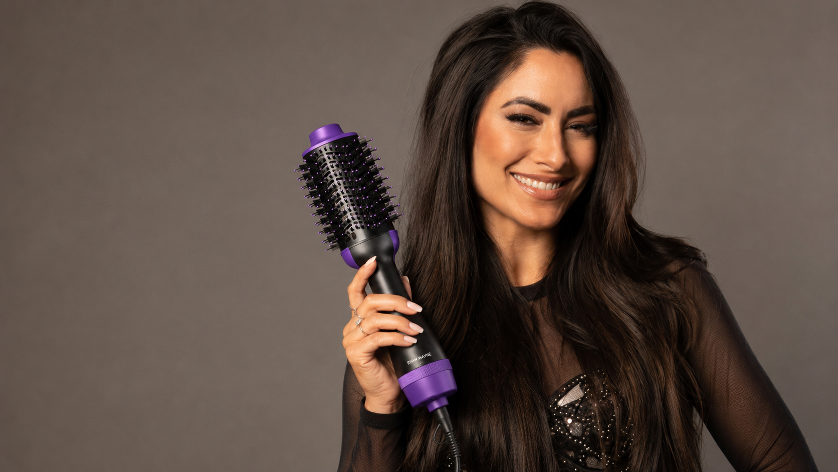 Ryan Wayne styling editorial with visible purple ceramic flat iron