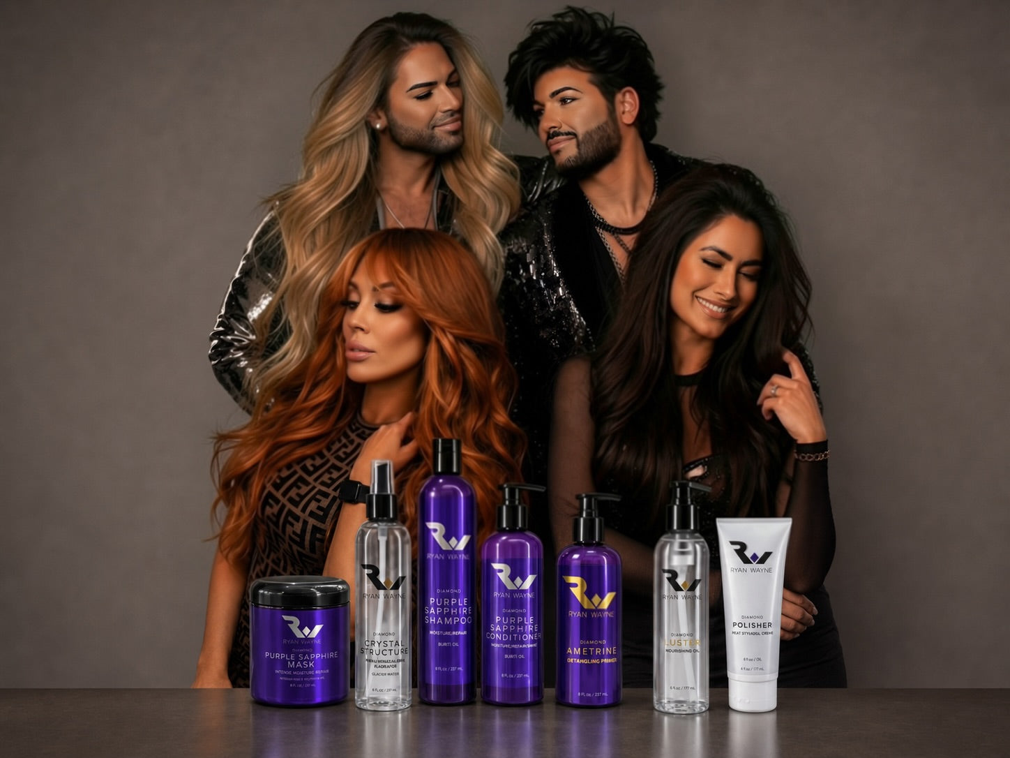 Ryan Wayne glossy hair editorial with tall Purple Sapphire shampoo and pump conditioner