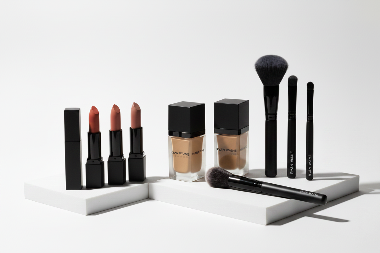 Ryan Wayne Makeup luxury cosmetics collection arranged on white marble