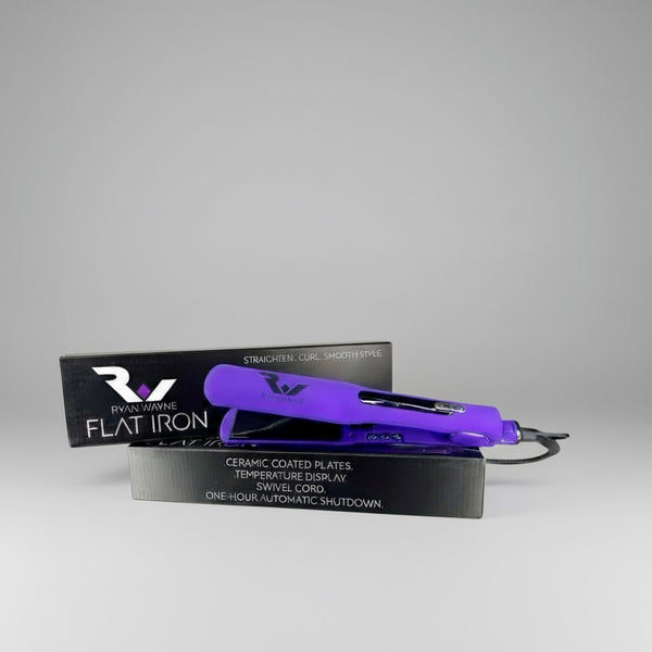 Purple flat iron with black box on a light gray background