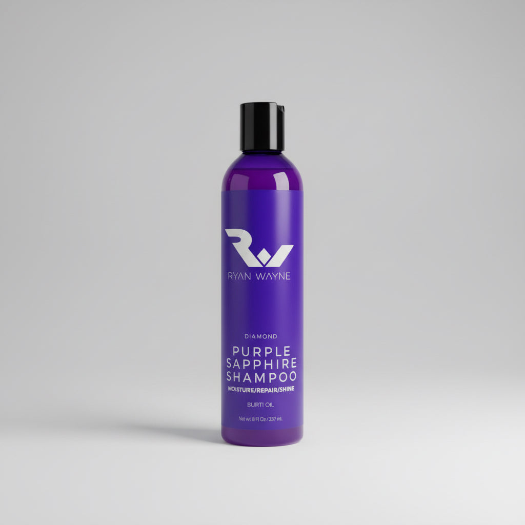 Purple shampoo bottle with black cap on a wooden surface in a bathroom setting