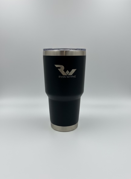 Black tumbler with silver rim and 'Ryan Wayne' logo on a white surface.