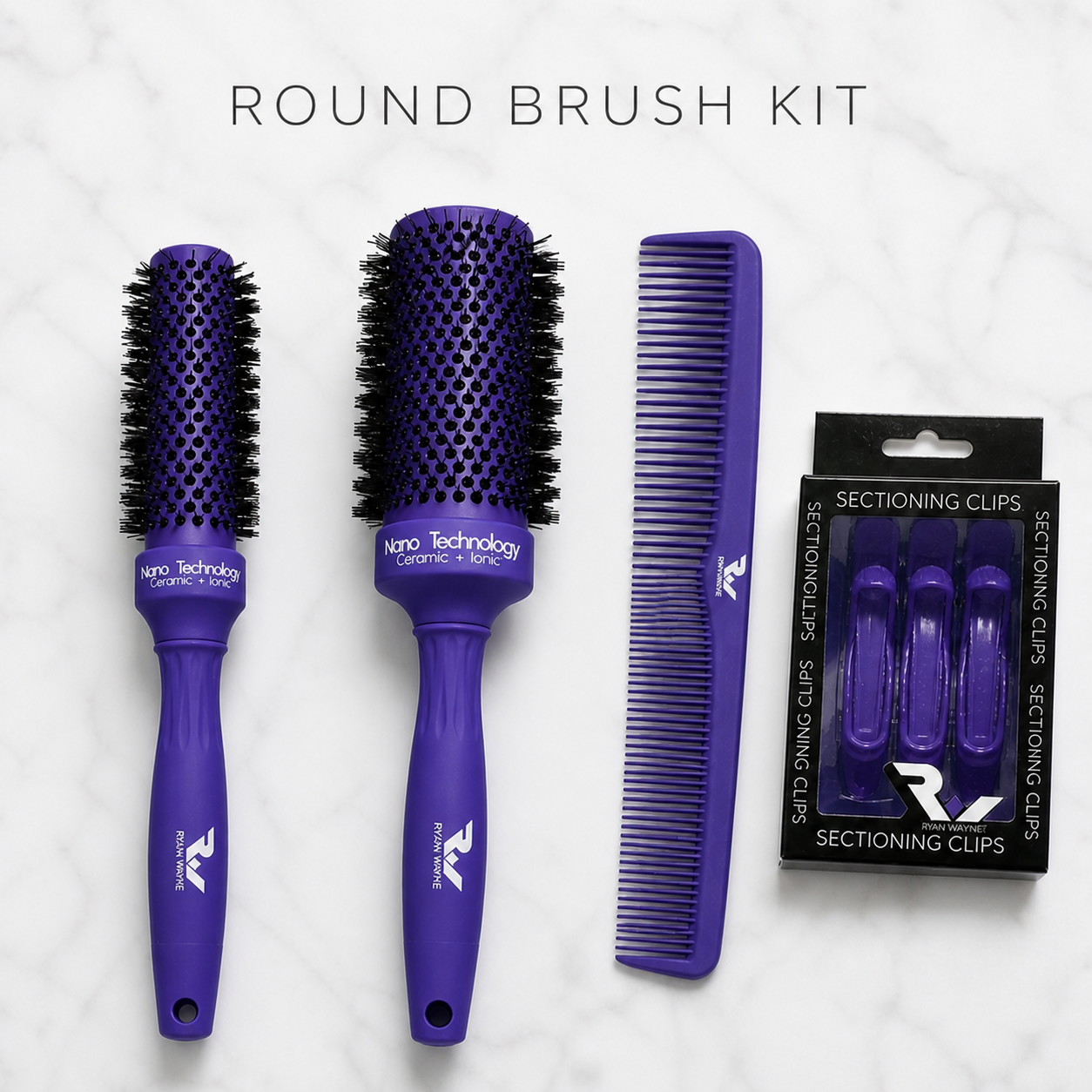 Ryan Wayne Round Brush Kit on white marble