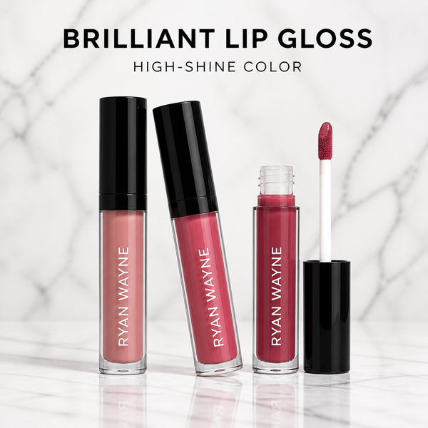Ryan Wayne Brilliant High-Shine Lip Gloss collection on white marble