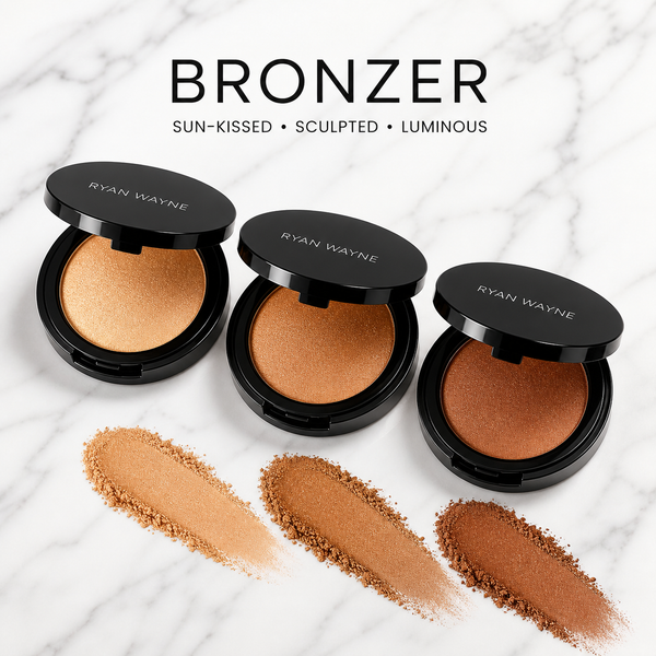 Ryan Wayne Bronzer in Golden Goddess, Sunkissed, and Tiki Hut on white marble