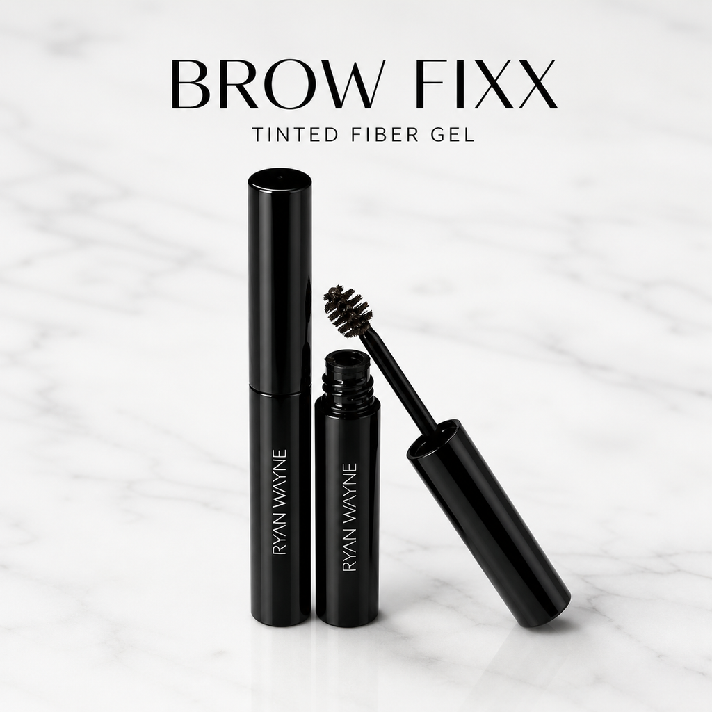 Ryan Wayne Brow Fixx Tinted Fiber Gel and precision applicator on white marble