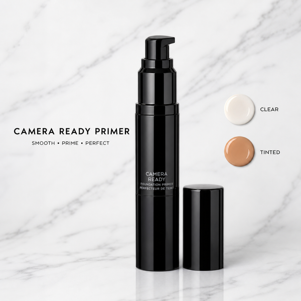 Ryan Wayne Camera Ready Primer with Clear and Tinted swatches on white marble