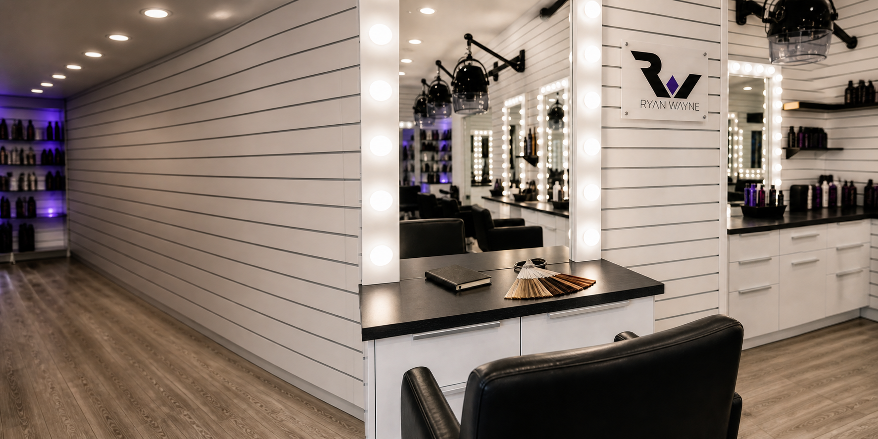 Ryan Wayne salon consultation station with illuminated mirrors