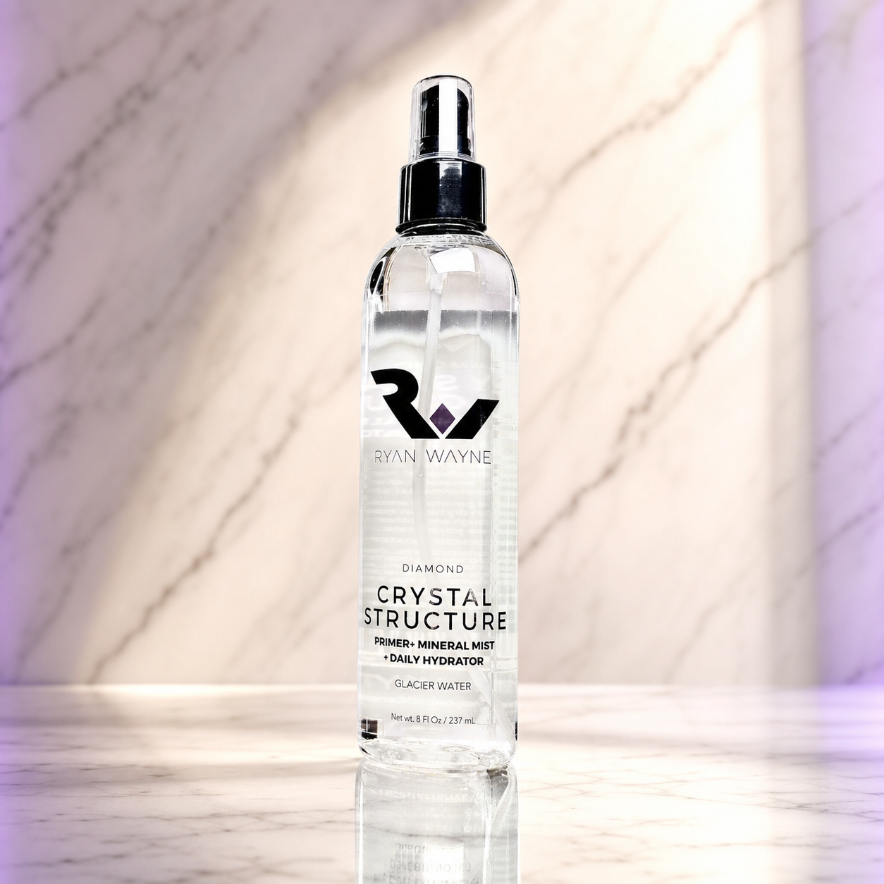 Ryan Wayne Diamond Crystal Structure Primer and Mineral Mist on white marble with plum lighting