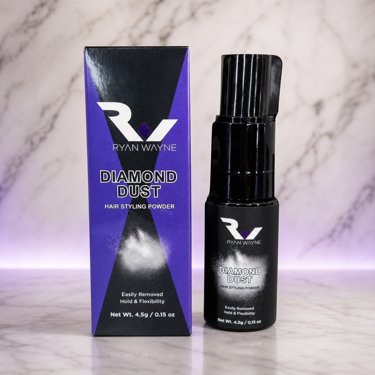 Ryan Wayne Diamond Dust Volumizing Styling Powder with retail box on white marble with plum lighting