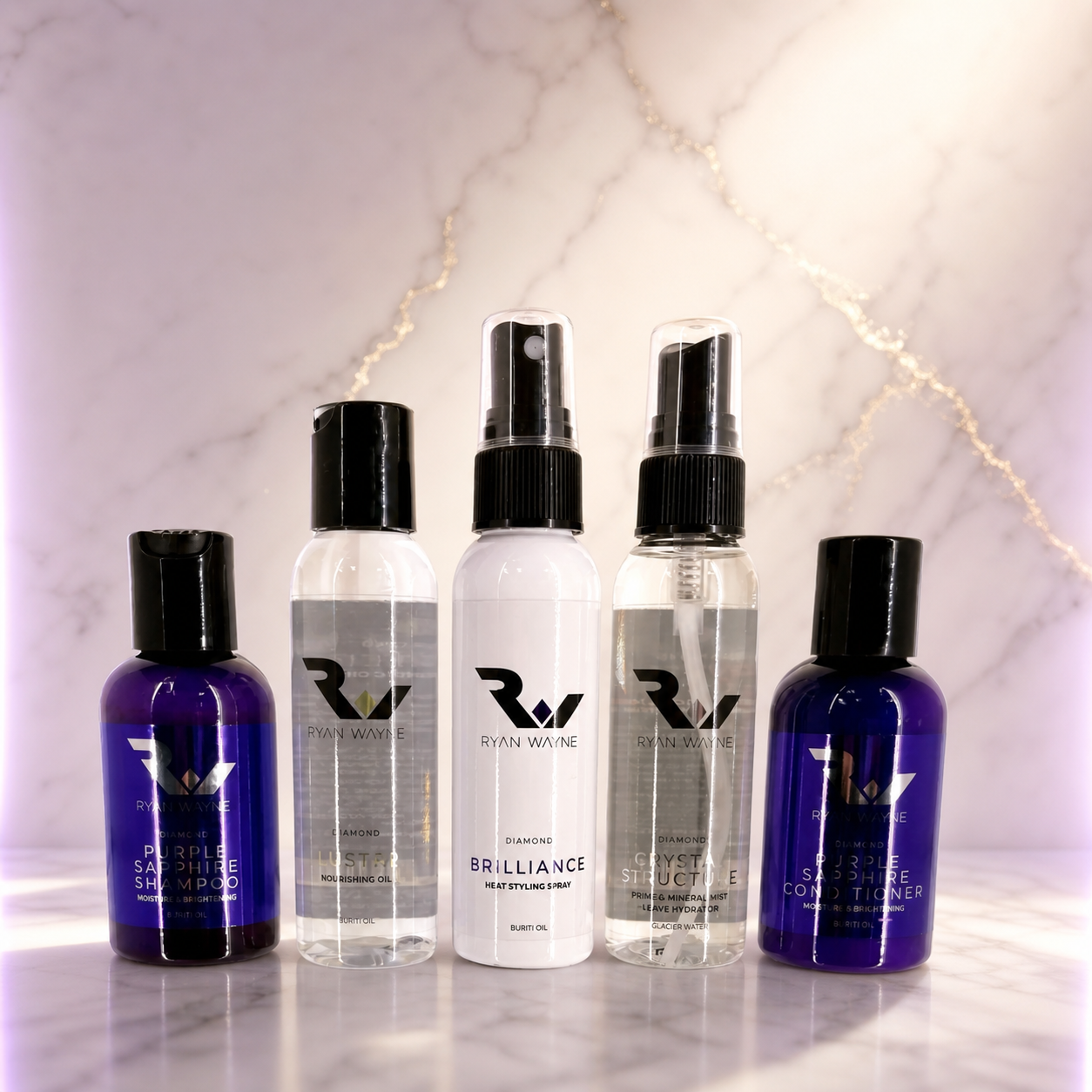 Ryan Wayne Diamond Haircare Travel Kit five piece set on white marble
