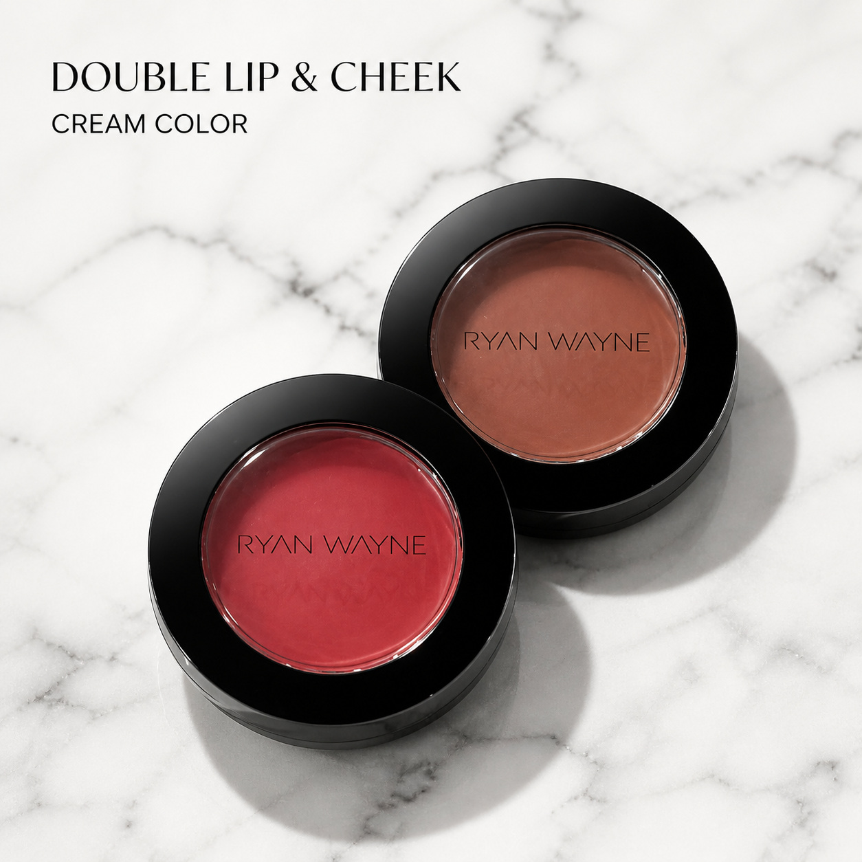 Ryan Wayne Double Lip & Cheek Cream Color compacts on white marble