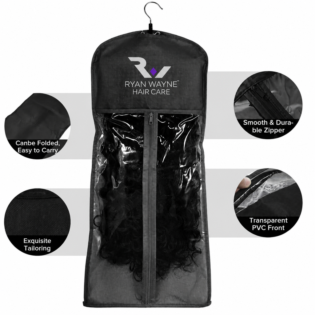 Ryan Wayne branded hair extension storage hanger bag with product feature details