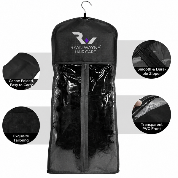 Ryan Wayne branded hair extension storage hanger bag with product feature details