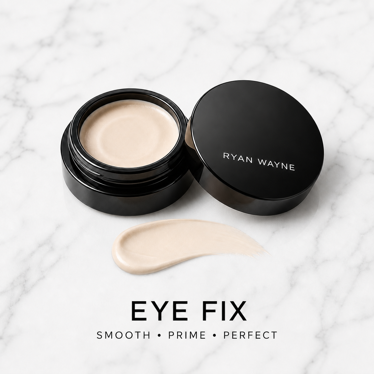 Ryan Wayne Eye Fix Primer in black jar with Ryan Wayne wordmark on white marble