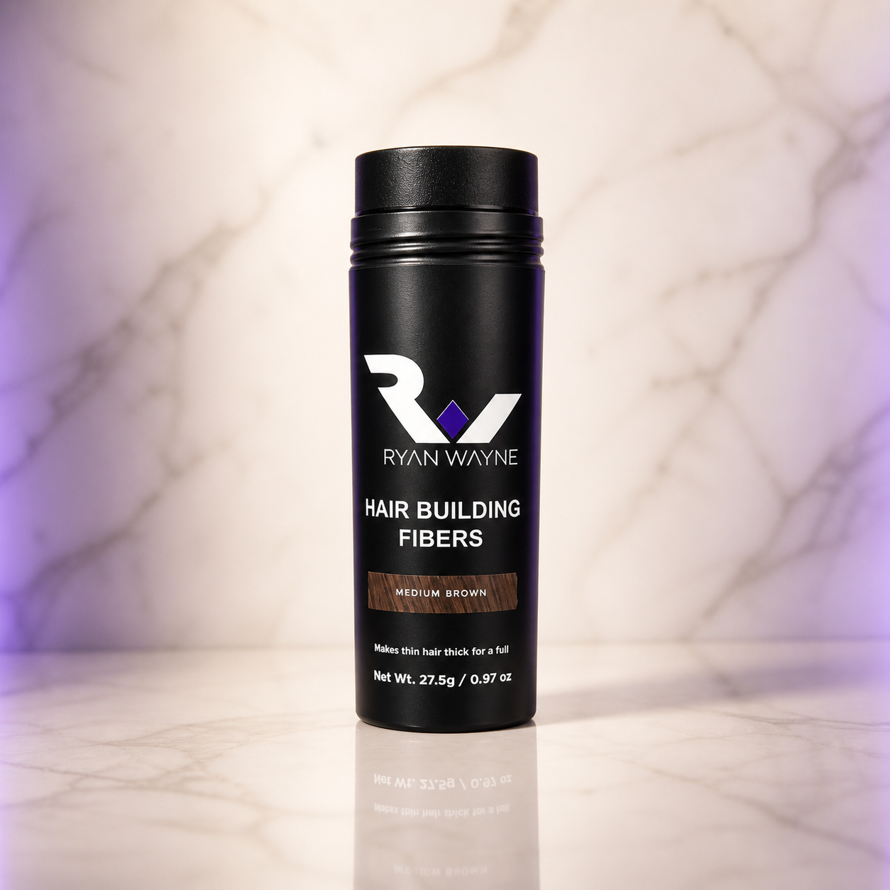 Ryan Wayne Hair Building Fibers Medium Brown on white marble