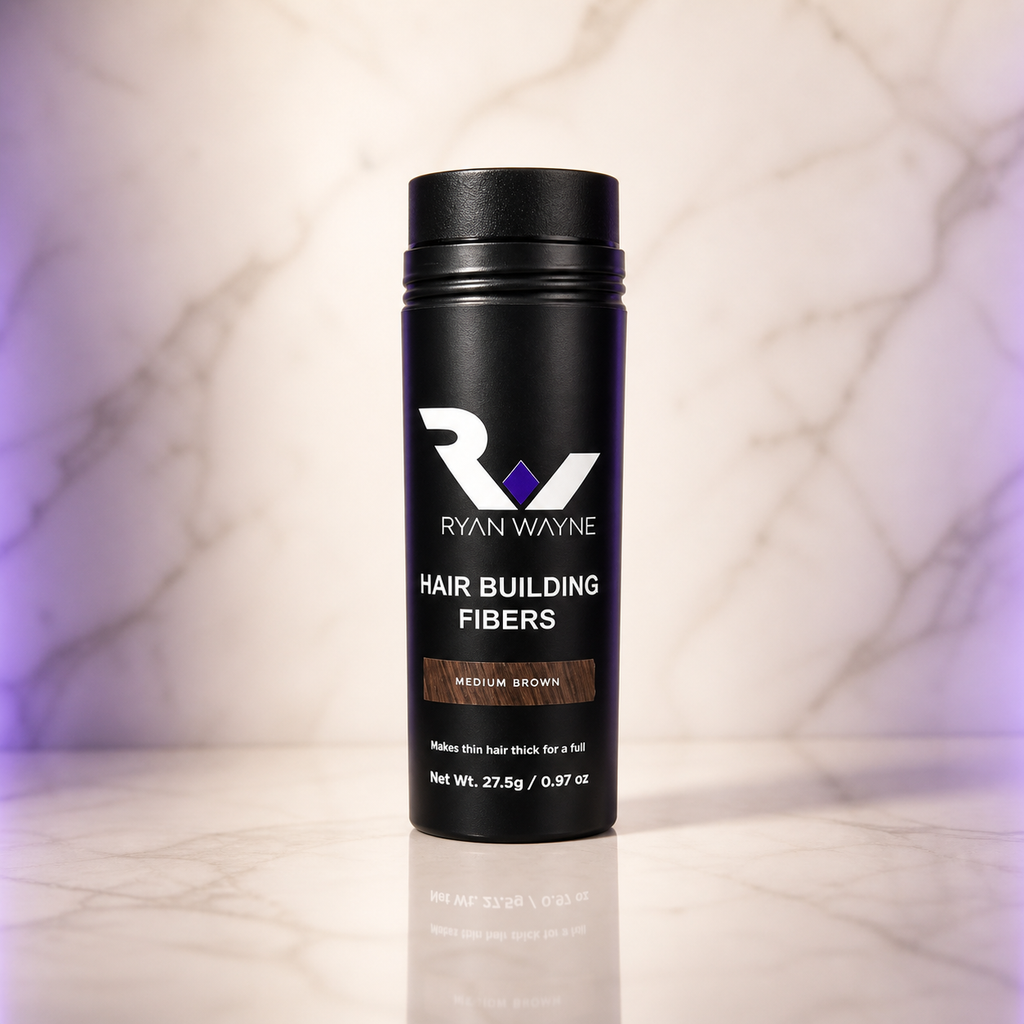Ryan Wayne Hair Building Fibers Medium Brown on white marble