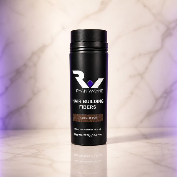 Ryan Wayne Hair Building Fibers Medium Brown on white marble