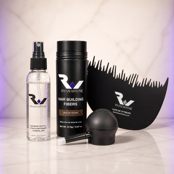 Ryan Wayne Hair Building Fibers Precision Coverage Bundle on white marble