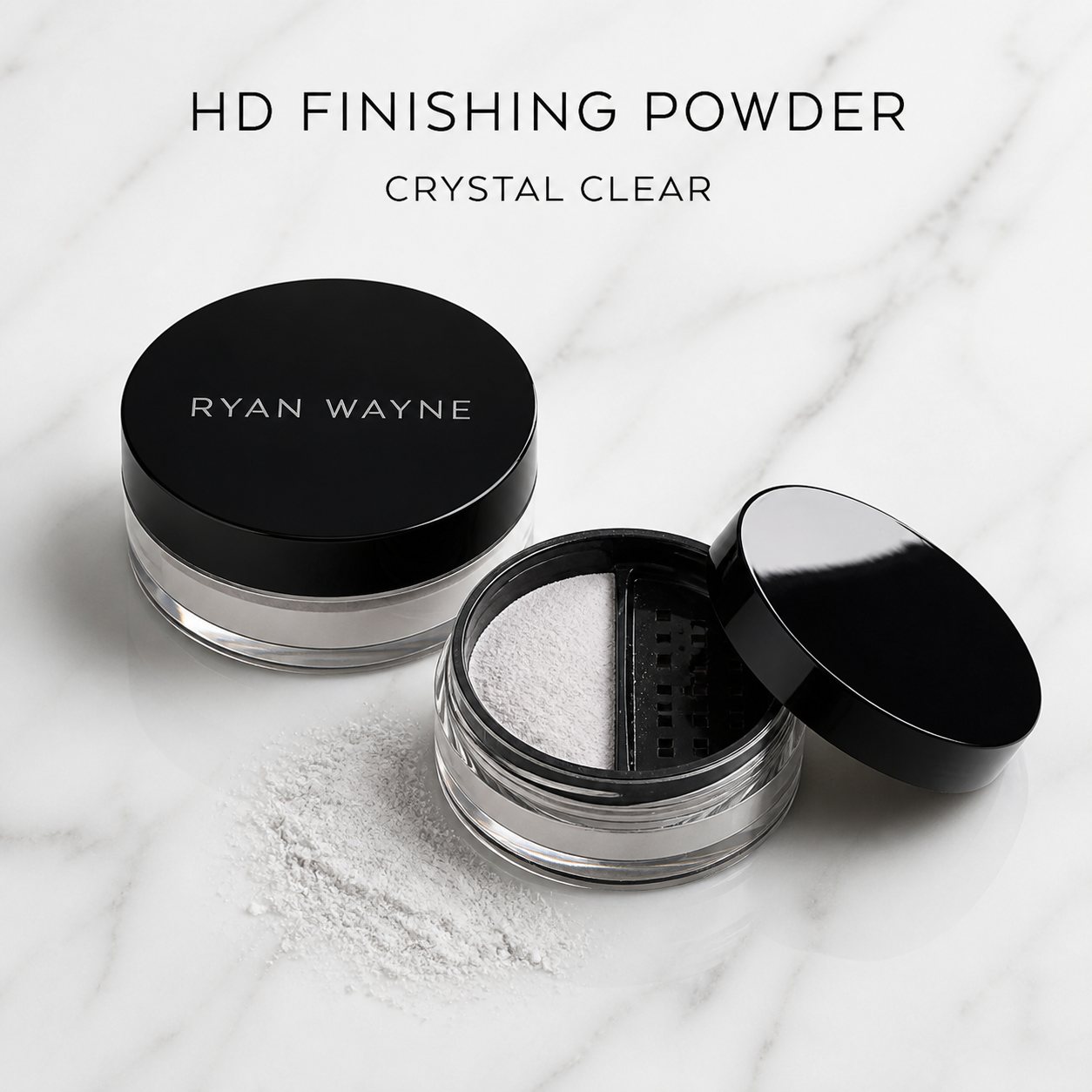 Ryan Wayne HD Finishing Powder in Crystal Clear on white marble