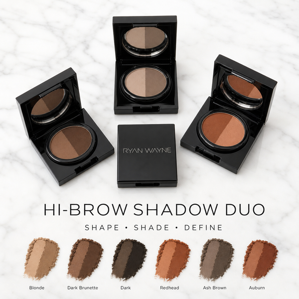 Ryan Wayne Hi-Brow Shadow Duo six-shade collection on white marble