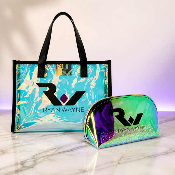 Ryan Wayne holographic tote and zippered makeup bag on white marble