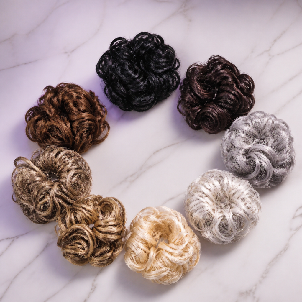 Seven Ryan Wayne human-hair volume scrunchies arranged on white marble