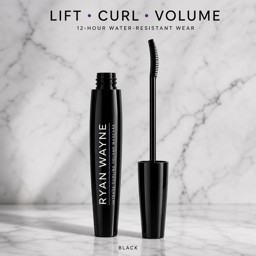 Ryan Wayne Intense Curling Volume Lash Mascara with curved black comb wand