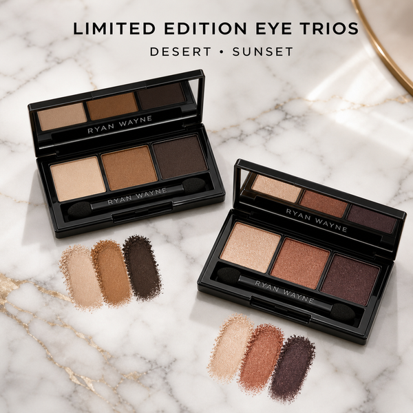 Ryan Wayne Limited Edition Eyeshadow Trios in Desert and Sunset on white marble
