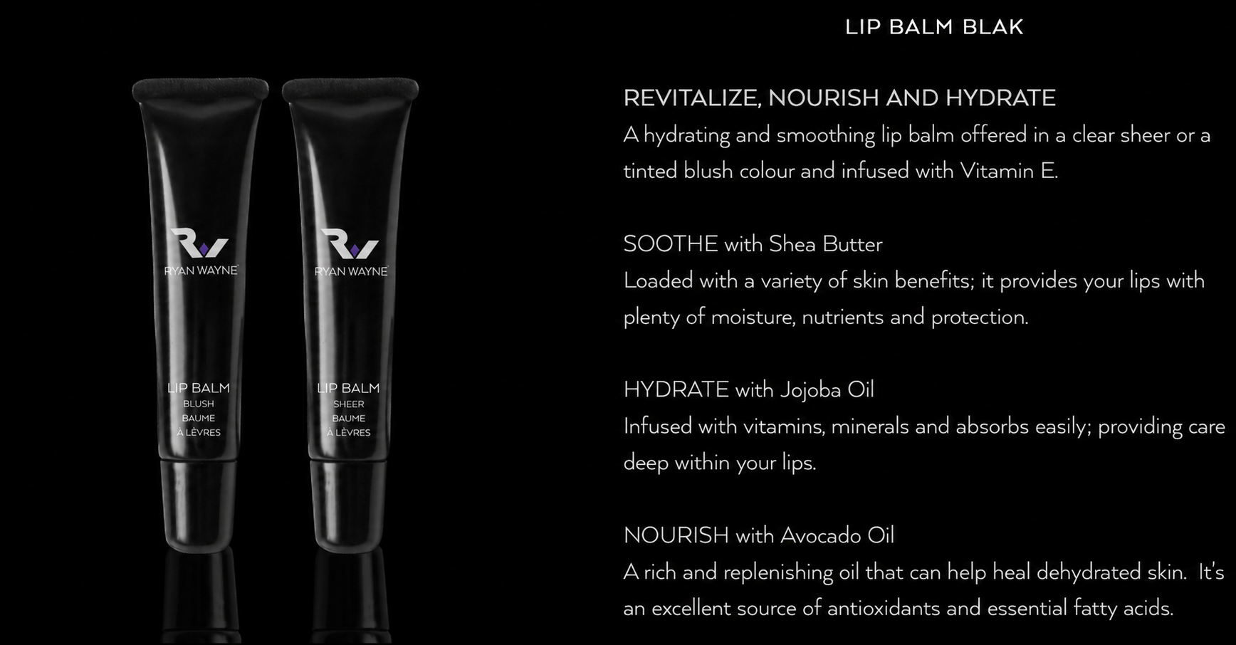 Ryan Wayne branded nourishing lip balm tubes and key ingredients