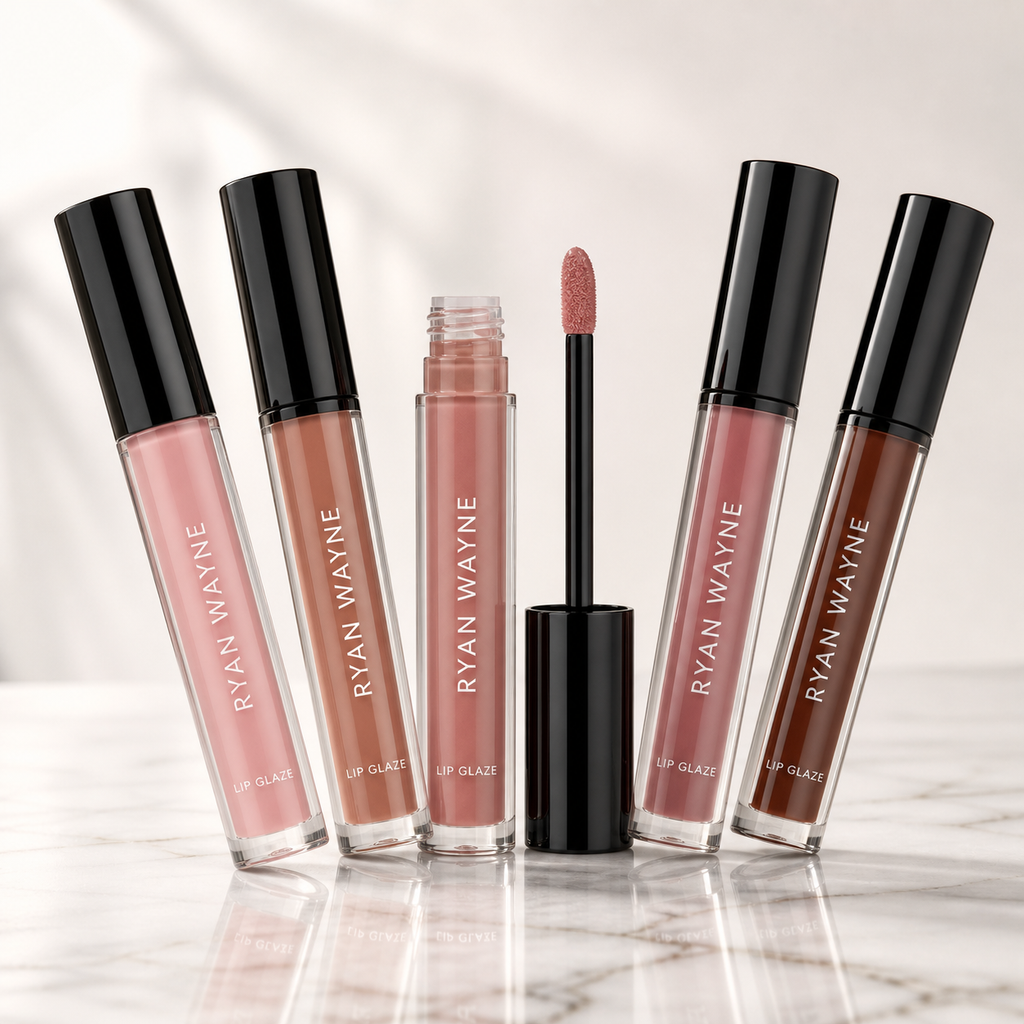 Ryan Wayne Lip Glaze shade collection with black caps and longways branding