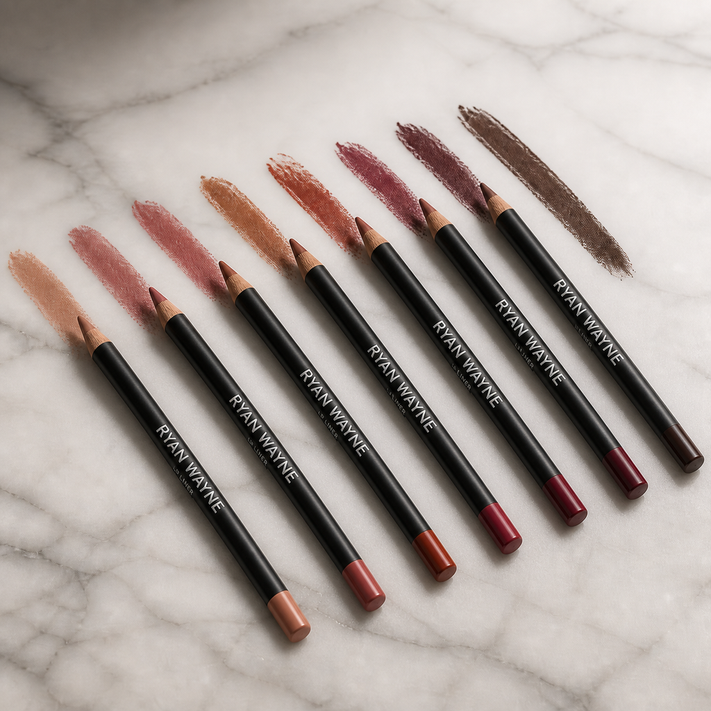 Slim Ryan Wayne Lip Liner Pencils in seven representative shades on white marble