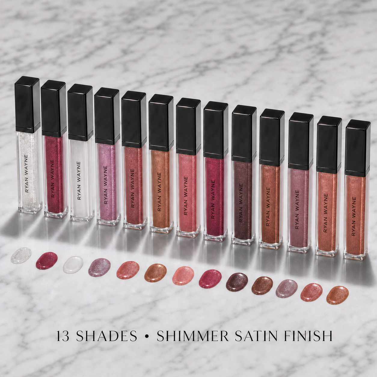 Ryan Wayne shimmer lip satin collection with vertical wordmark