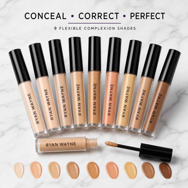 Ryan Wayne Liquid Concealer nine-shade collection with longways labels, swatches, and applicator