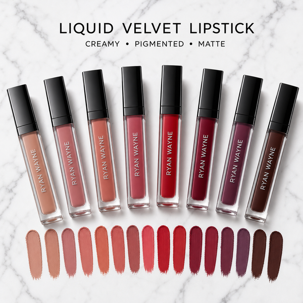 Ryan Wayne Liquid Velvet Lipstick sixteen-shade collection on white marble