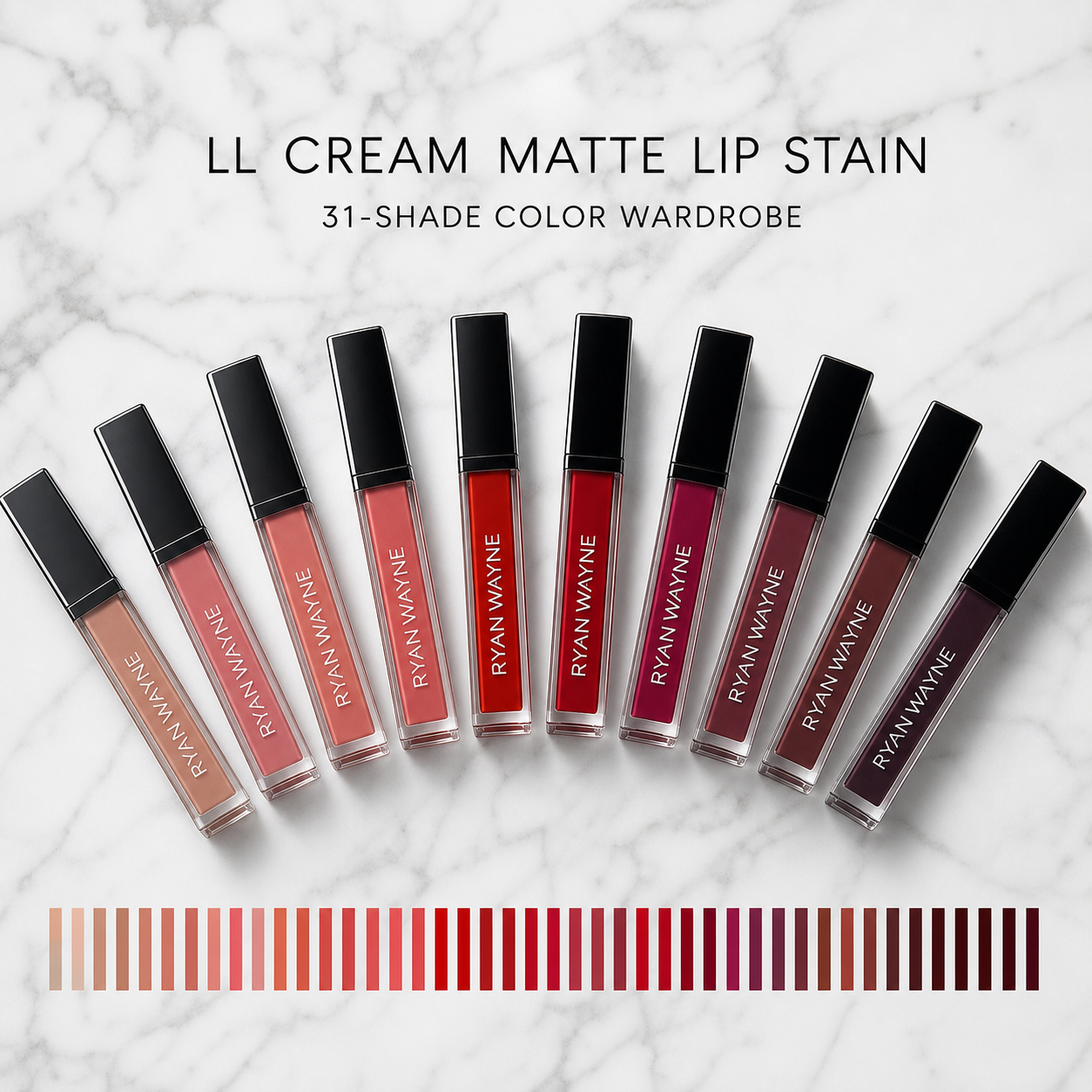 Ryan Wayne LL Cream Matte Lip Stain thirty-one-shade collection on white marble