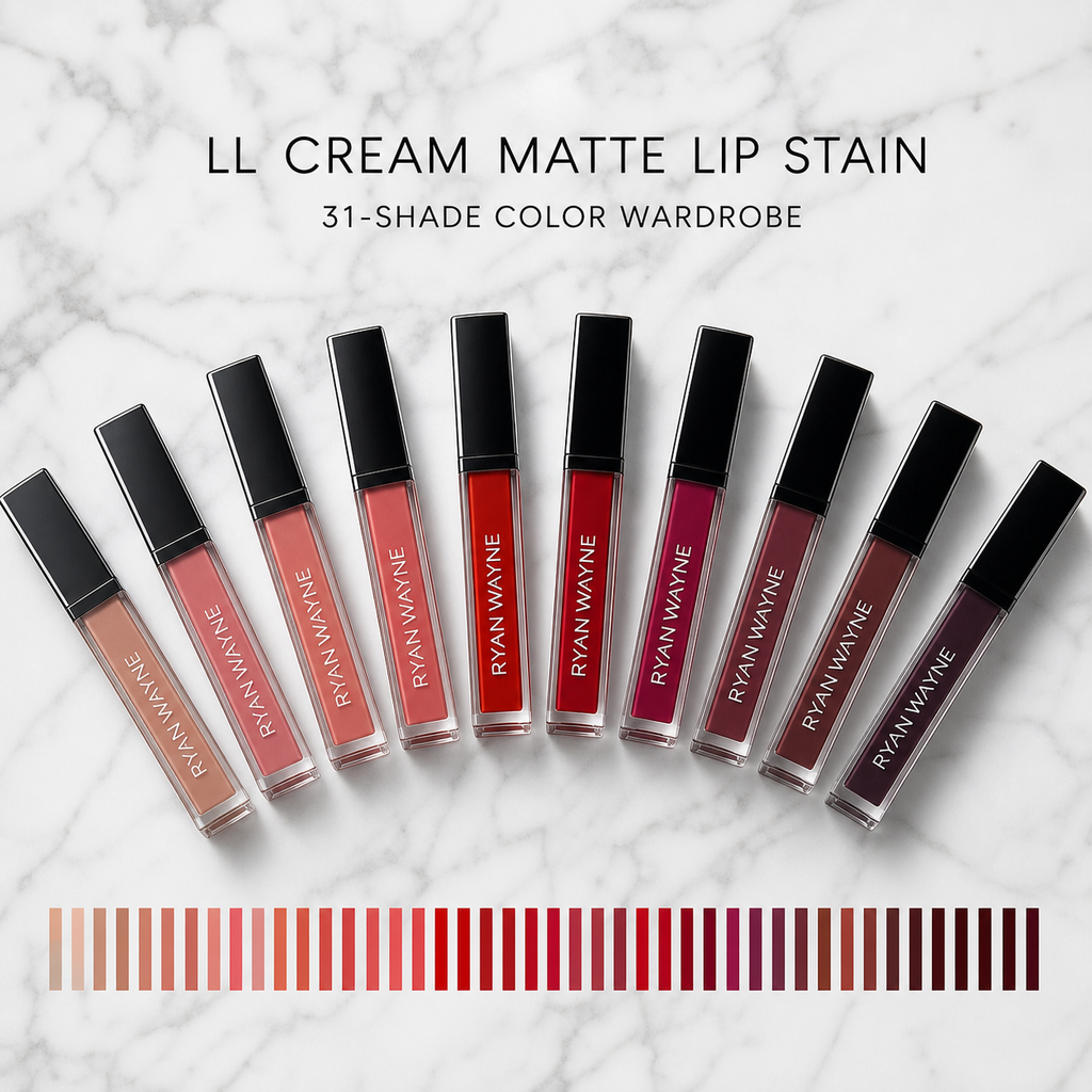 Ryan Wayne LL Cream Matte Lip Stain thirty-one-shade collection on white marble