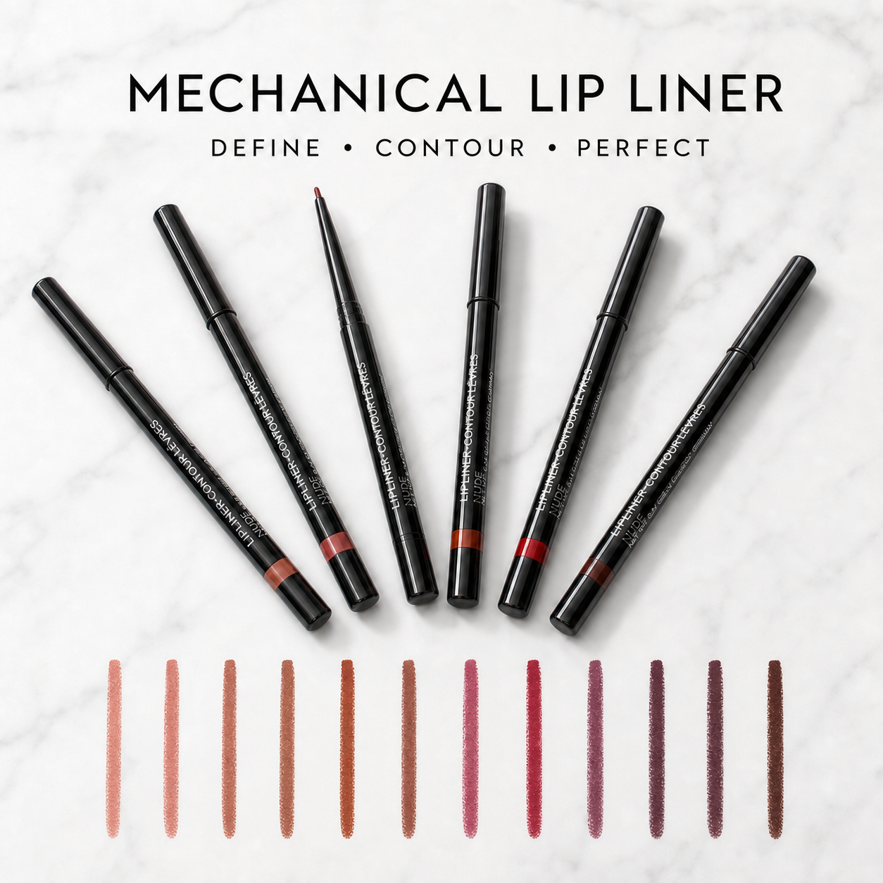 Ryan Wayne Mechanical Lip Pencil Liner twelve-shade collection on white marble