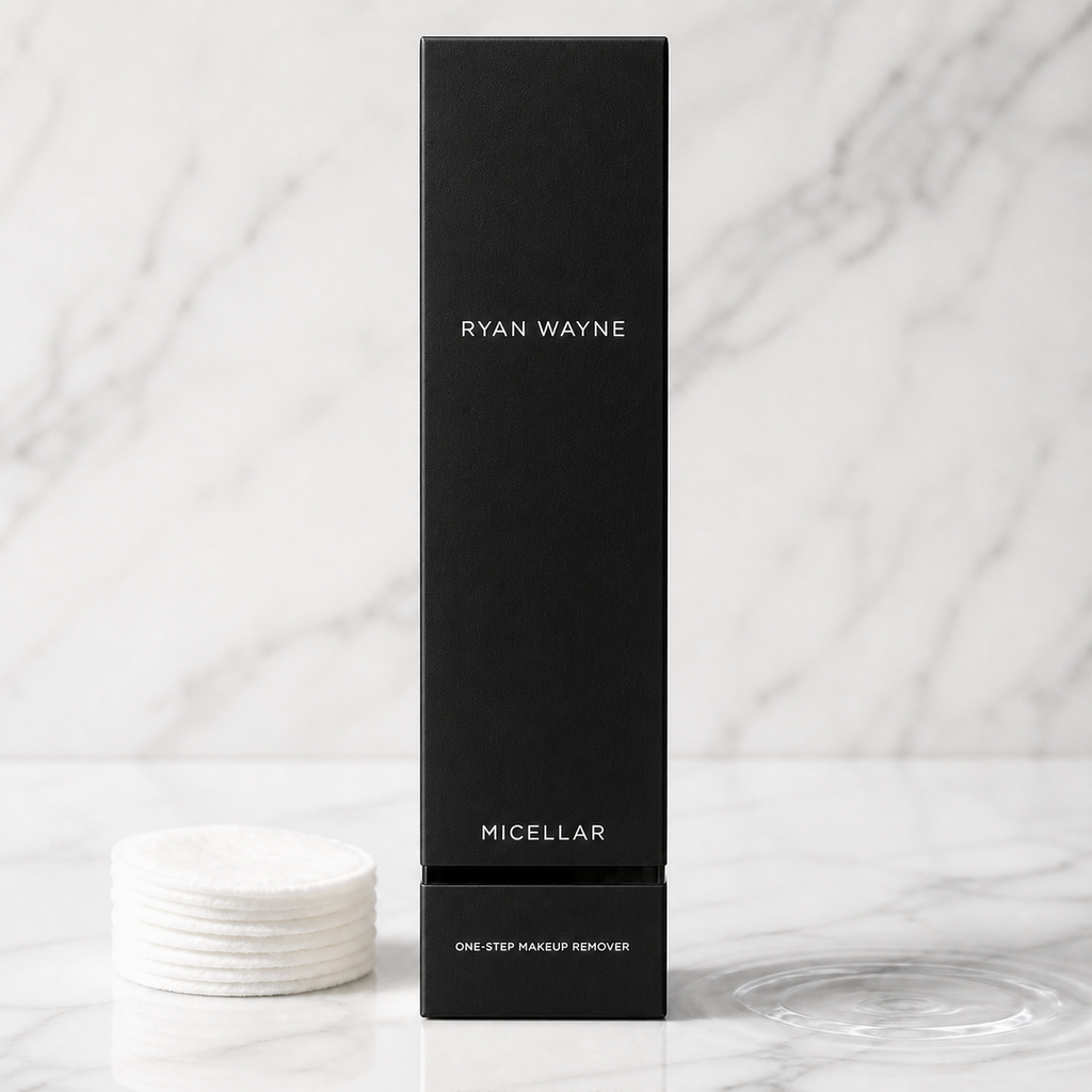 Ryan Wayne Micellar One-Step Makeup Remover in black packaging on white marble