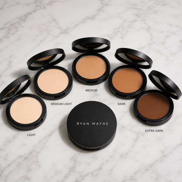 Ryan Wayne Mineral-Based Pressed Face Powder five-shade collection on white marble