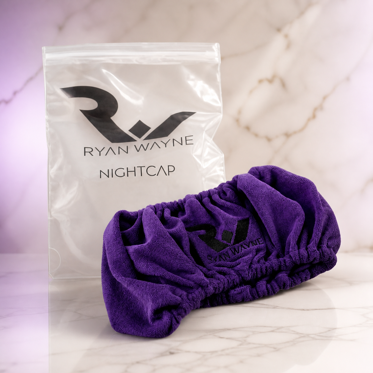Ryan Wayne Night Cap Terry Cloth Hair Wrap on white marble