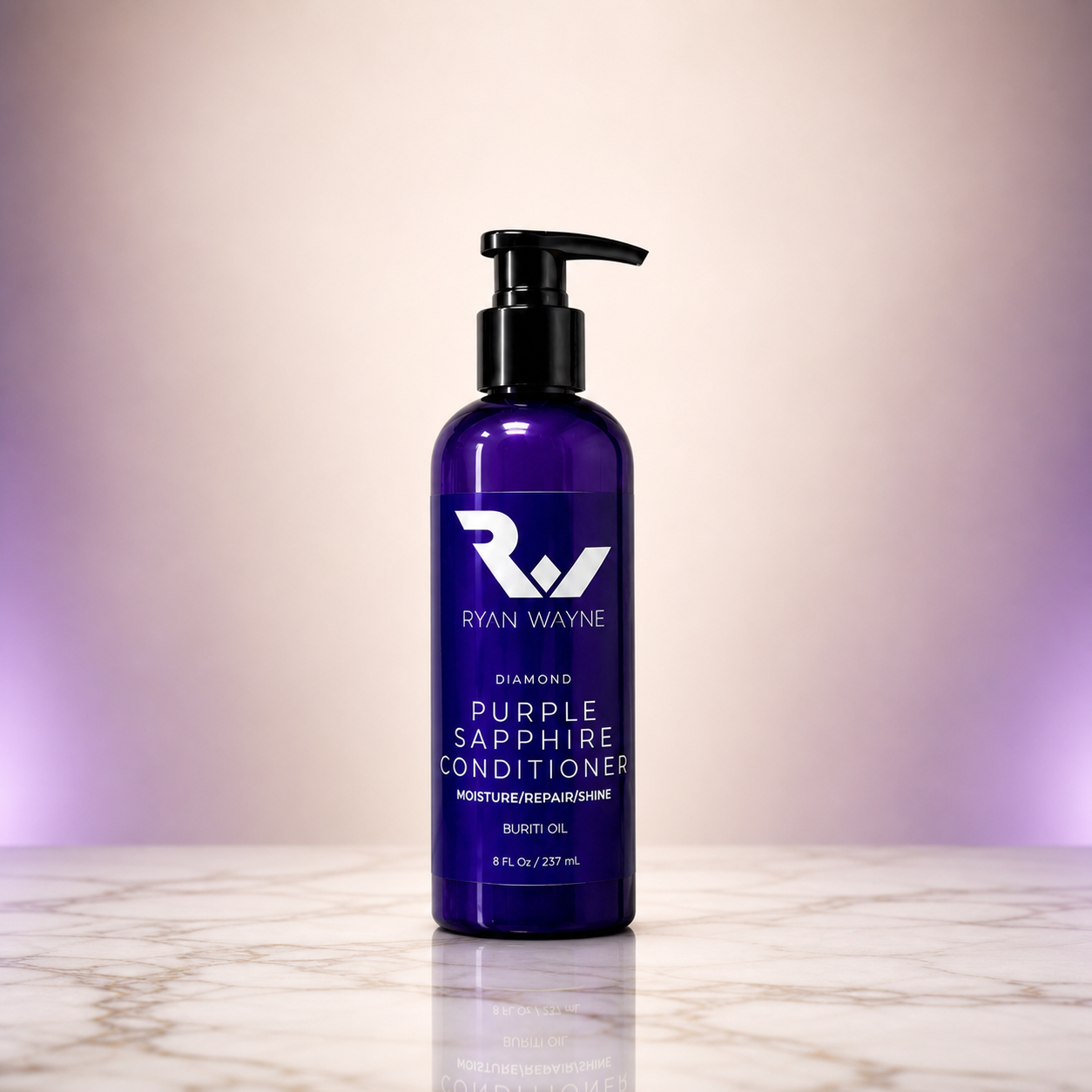 Ryan Wayne Diamond Purple Sapphire Restorative Conditioner on ivory marble with soft plum studio lighting
