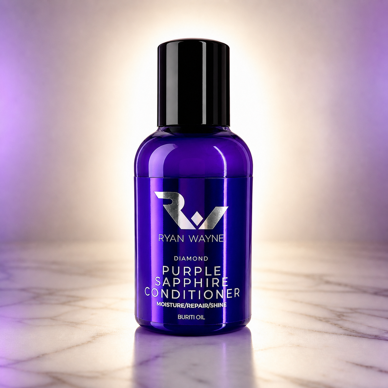 Ryan Wayne Diamond Purple Sapphire Restorative Conditioner travel size with bright readable label on a luxury marble background