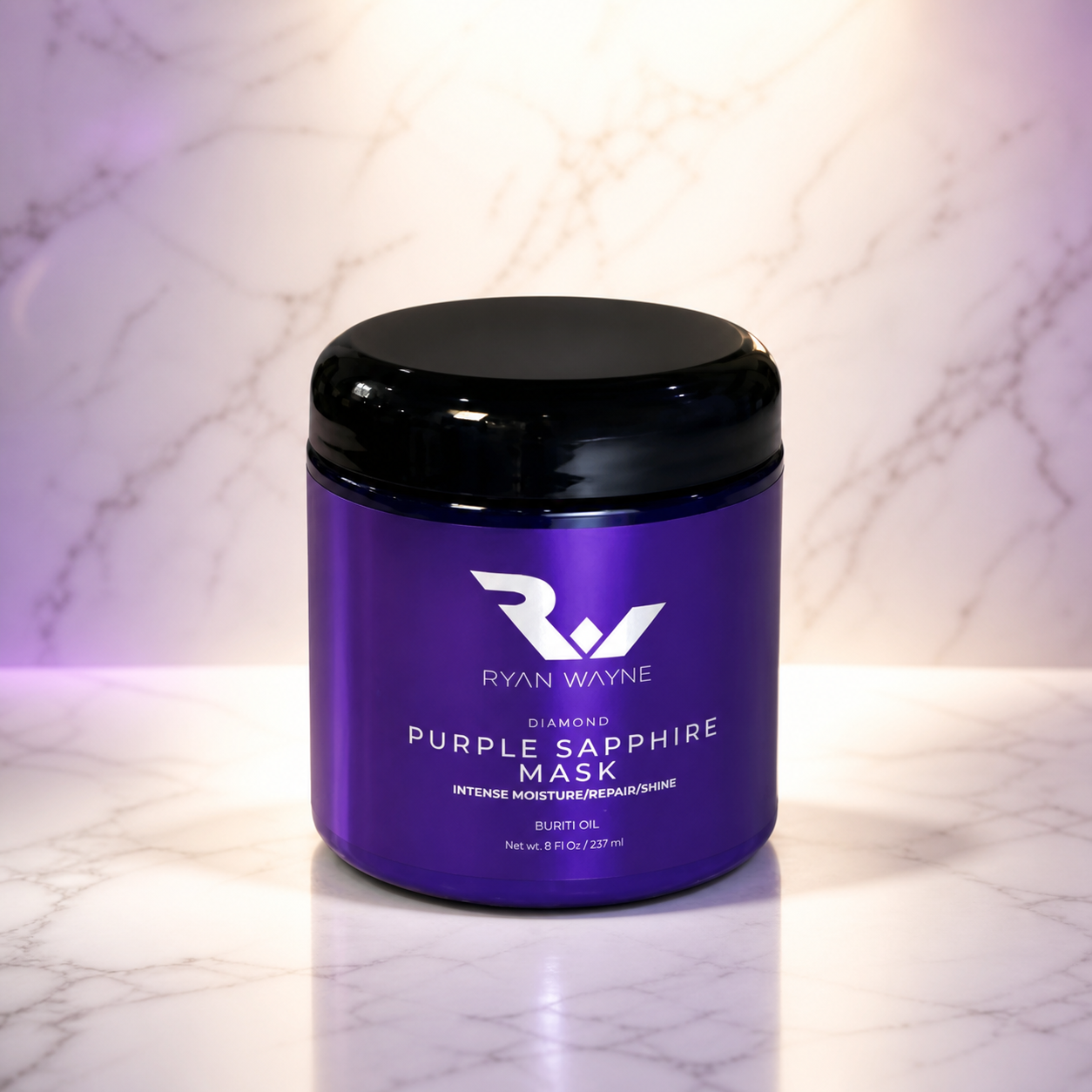 Ryan Wayne Diamond Purple Sapphire Restorative Hair Mask on white marble with plum lighting